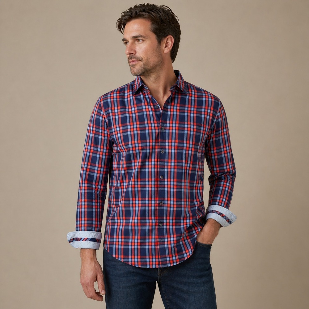Stone Rose Mens Plaid Button-Up Shirt XL Red Blue Cotton Long Sleeve Modern Fit